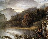 Figures Canvas Paintings - Classical figures by a river with a Temple Beyond